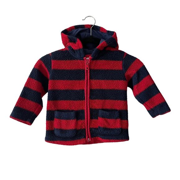 Hanna Andersson Baby 85 Size 2 Fleece Jacket Full Zip Hooded Striped Blue Red - Picture 1 of 8